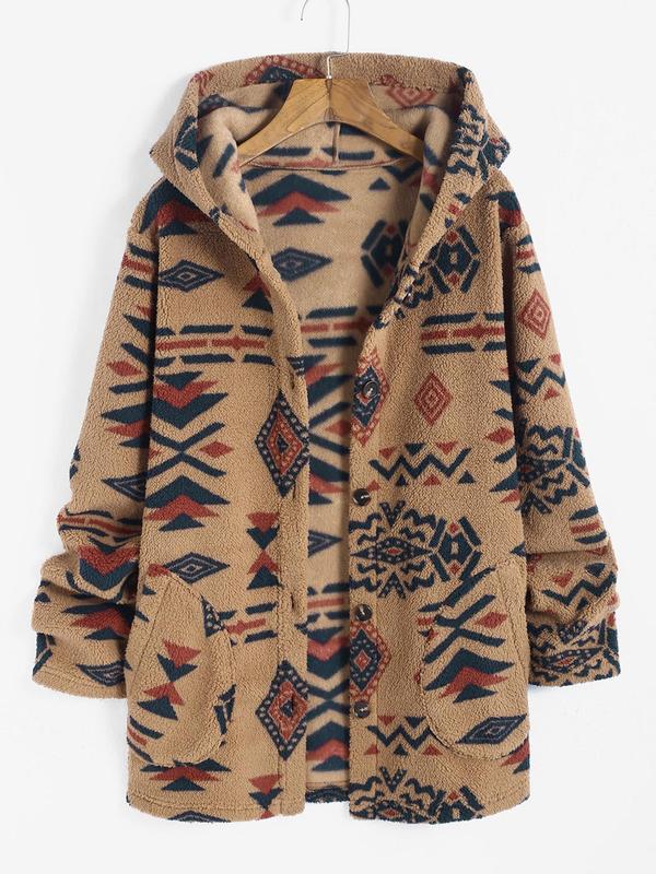 Women's Ethnic Pattern Drop Shoulder Button Front Hooded Coat, Casual Jackets, Long Sleeve Pocket Coat for Fall & Winter, for Daily Wear, Comfort Longsleeves, Coats for Women, Going Out Outfits 2024